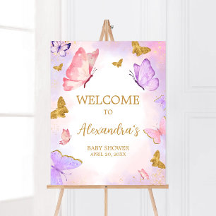Rosa Guld Lila Butterfly Baby Shower Välkommen Poster