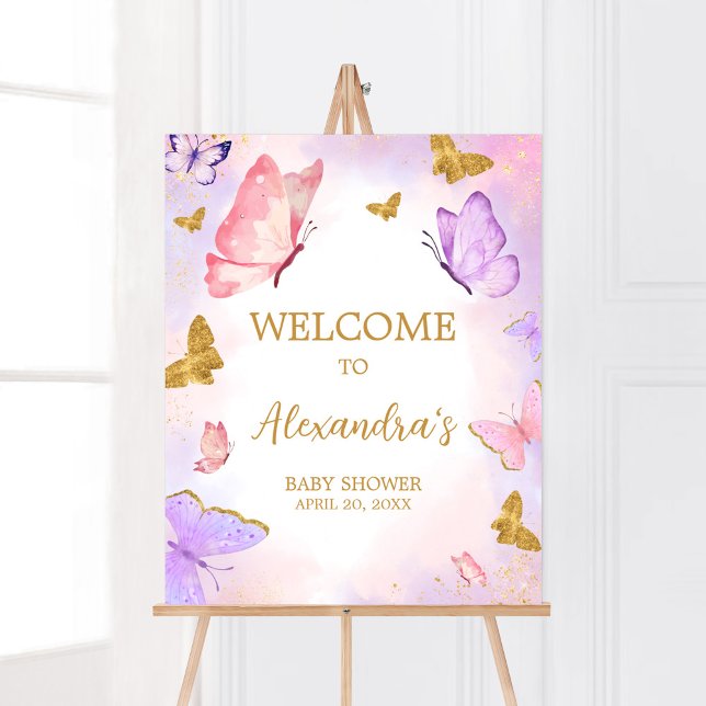 Rosa Guld Lila Butterfly Baby Shower Välkommen Poster (Boho Butterfly Baby Shower Welcome Sign)