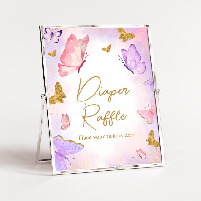 Rosa Guld Lila Butterfly Diaper Raffle Poster (Boho Butterfly Baby Shower Diaper Raffle Sign)