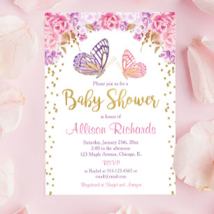 Rosa guld lila Butterfly Girl Baby dusch Inbjudningar