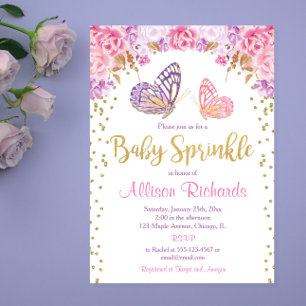 Rosa guld lila butterfly girl baby sprinkle inbjudningar