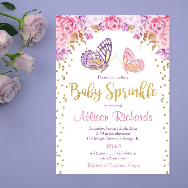 Rosa guld lila butterfly girl baby sprinkle inbjudningar (Skapare uppladdad)
