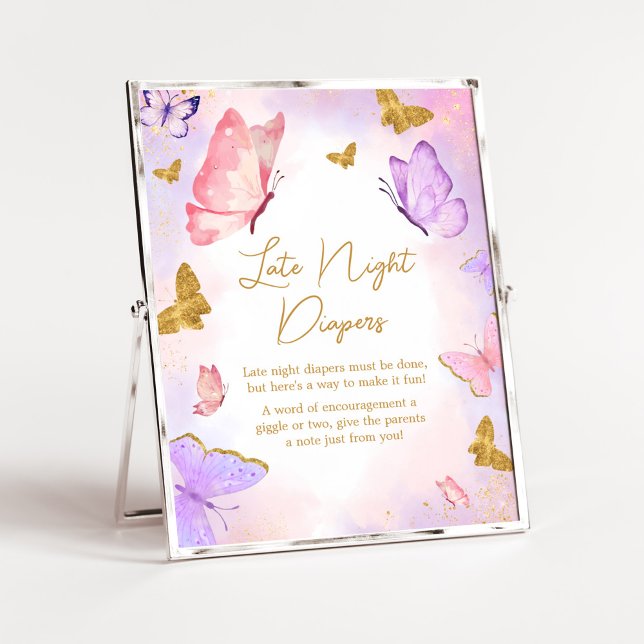 Rosa Guld Lila Butterfly Late Night Diables Poster (Boho Butterfly Baby Shower Late Night Diapers Sign)