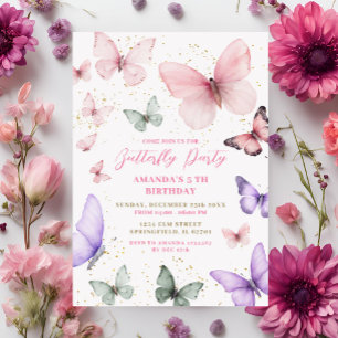 Rosa Guld Lila Butterfly Party födelsedag Inbjudningar