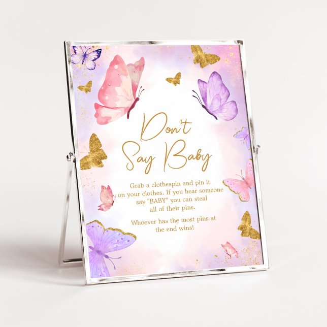 Rosa Guld Lila Butterfly Säg inte Baby Poster (Boho Butterfly Baby Shower Don't Say Baby Sign)