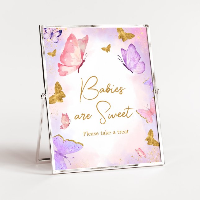 Rosa Guld Lila Butterfly Spädbarn är Sweet Poster (Boho Butterfly Baby Shower Babies are Sweet Sign)