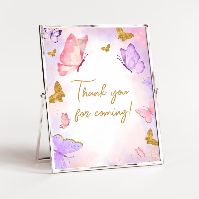Rosa Guld Lila Butterfly Tack för att du kommer Poster (Boho Butterfly Baby Shower Thank you for Coming Sign)