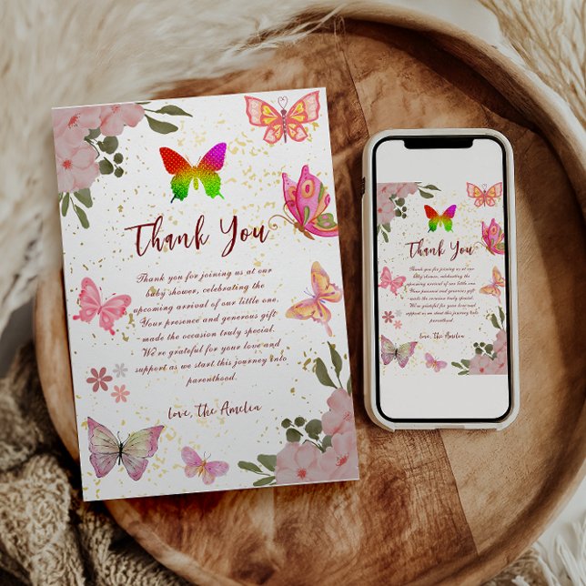 Rosa guld lila elegant  Butterfly-flickfödelsedag Tack Kort (Skapare uppladdad)