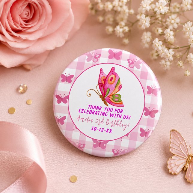 Rosa guld lila elegant fjäril flicka födelsedag knapp (Pink gold purple elegant butterfly girl birthday button)