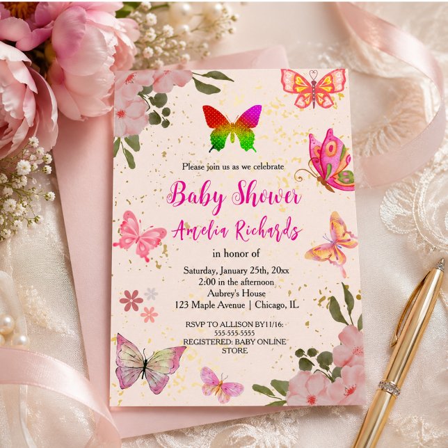 Rosa guld lila elegant fjärils flicka födelsedag inbjudningar (Pink gold purple elegant butterfly girl birthday invitation)