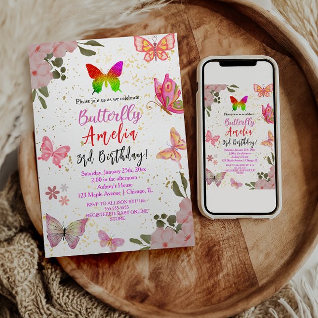 Rosa guld lila elegant fjärilsflicka födelsedag inbjudningar (Skapare uppladdad)