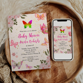 Rosa guld lila elegant fjärilsflicka födelsedag inbjudningar