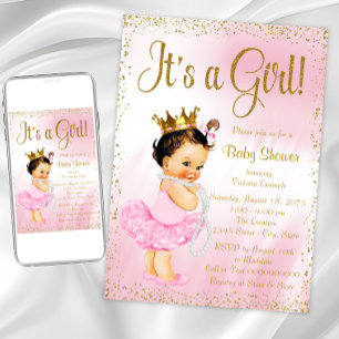 Rosa Guld Liten Ballerina Tutu Pärlor Baby Shower Inbjudningar