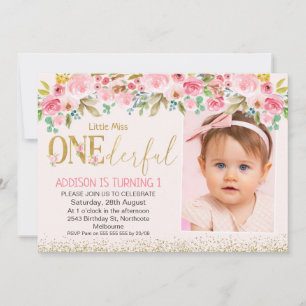Rosa Guld Little Miss Onederful Photo Birthday Inbjudningar
