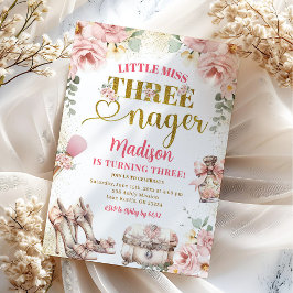 Rosa Guld Little Miss Threenager Tredje födelsedag Inbjudningar