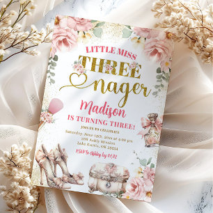 Rosa Guld Little Miss Threenager Tredje födelsedag Inbjudningar
