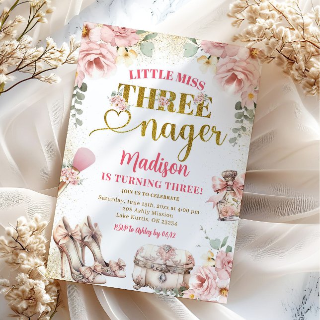 Rosa Guld Little Miss Threenager Tredje födelsedag Inbjudningar (Skapare uppladdad)