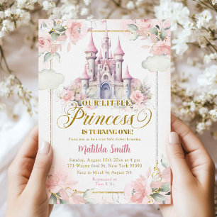Rosa Guld Little Princess Castle 1st Birthday Inbjudningar
