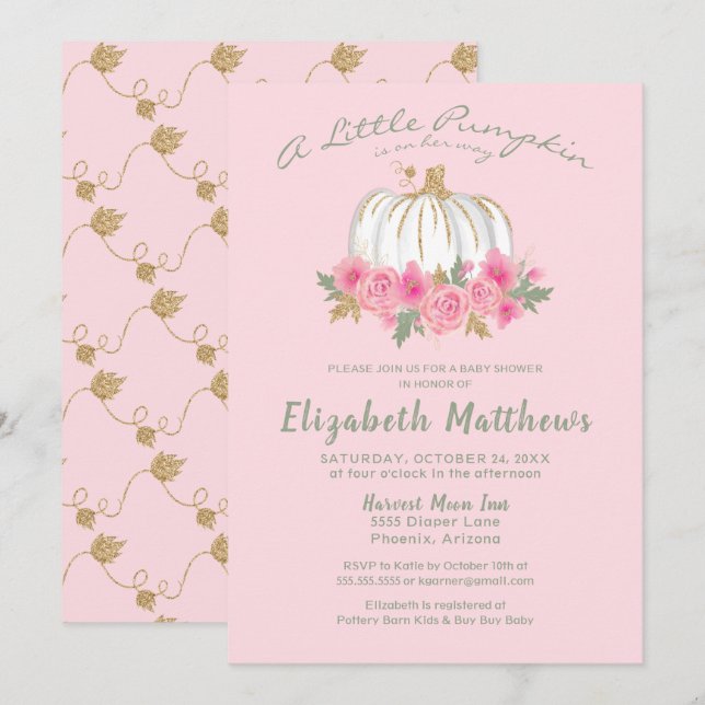 Rosa Guld Little Pumpkin Girl Baby Shower Inbjudningar (Fram/baksida)