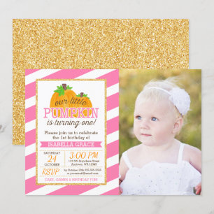 Rosa Guld Little Pumpkin Girl First Birthday Photo Inbjudningar