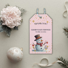 Rosa & Guld Little Snöflingor Snögubbe Baby Shower Presentetikett