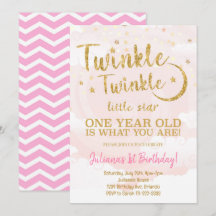 Rosa Guld Little Star 1:a födelsedagsinbjudan
