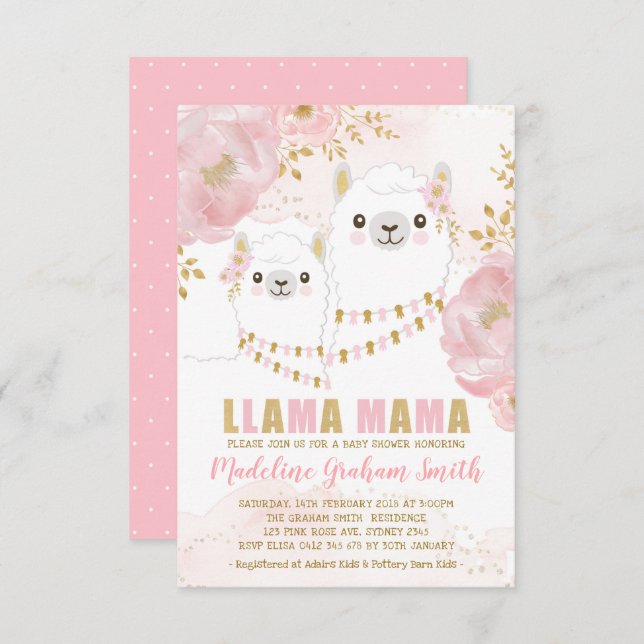 Rosa Guld Llama Girl Baby Shower  Blommigt Inbjudningar (Fram/baksida)