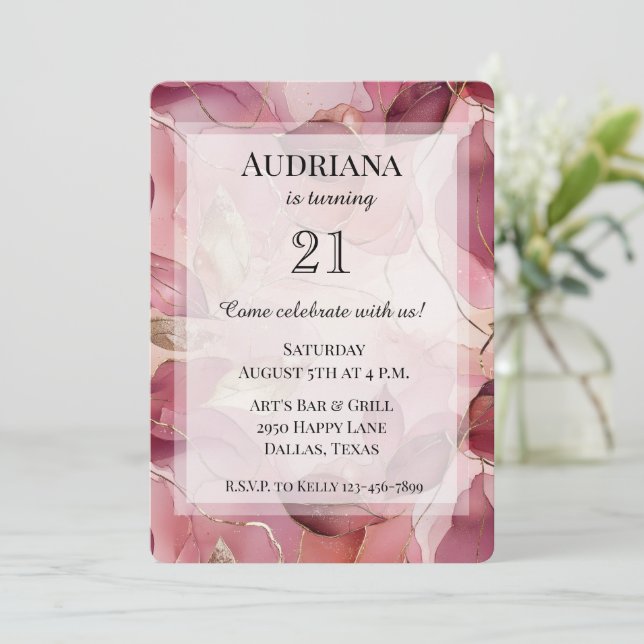  Rosa Guld Löv födelsedag Inbjudningar (Stående Fram)