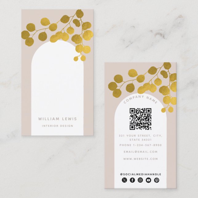  Rosa Guld Löv Modern Arch QR-kod Visitkort (Fram/baksida)