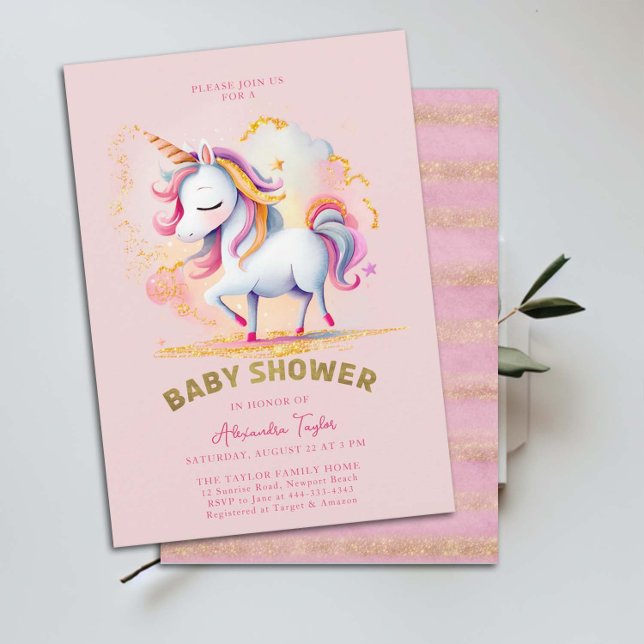 Rosa Guld Magic Unicorn Rainbow Girl Shower Baby S Inbjudningar (unicorn girl baby shower invitation magical whimsical gold rainbows clouds watercolor illustration)