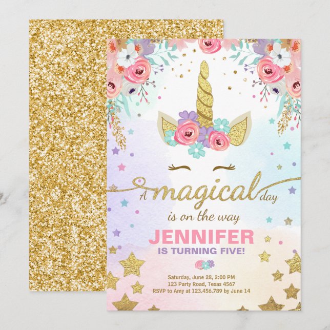 Rosa guld- Magical för Unicornfödelsedaginbjudan Inbjudningar (Fram/baksida)