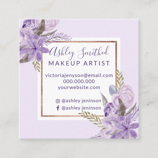 Rosa guld- makeup för purpurfärgad vattenfärg för fyrkantigt visitkort (Framsida)