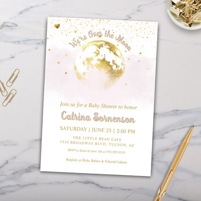 Rosa Guld Måne och Stars Celestial Baby Shower Inbjudningar (Pink and Gold Over the Moon Baby Shower Invitation for Baby Girl Celestial Baby Shower)