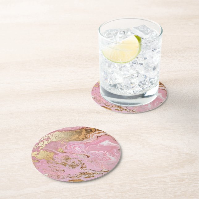 Rosa Guld Marble Mönster Underlägg Papper Rund (Insitu)