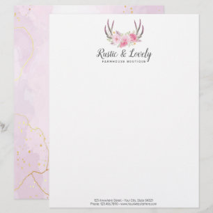 Rosa Guld Marble Rustic Blommigt Antlers Chic Brevhuvud