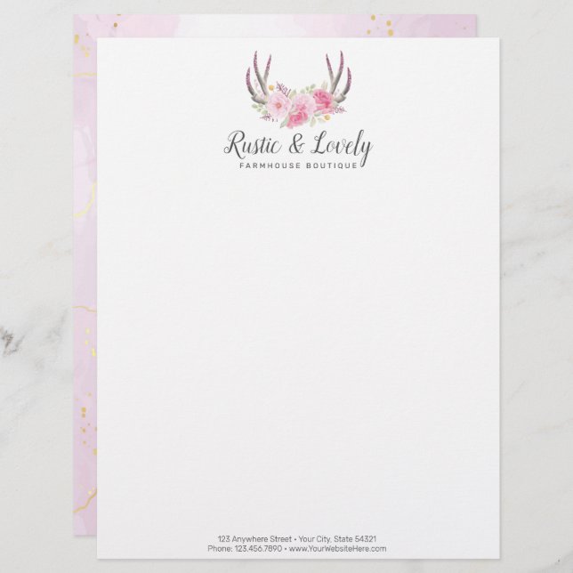  Rosa Guld Marble Rustic Blommigt Antlers Chic Brevhuvud (Fram/baksida)