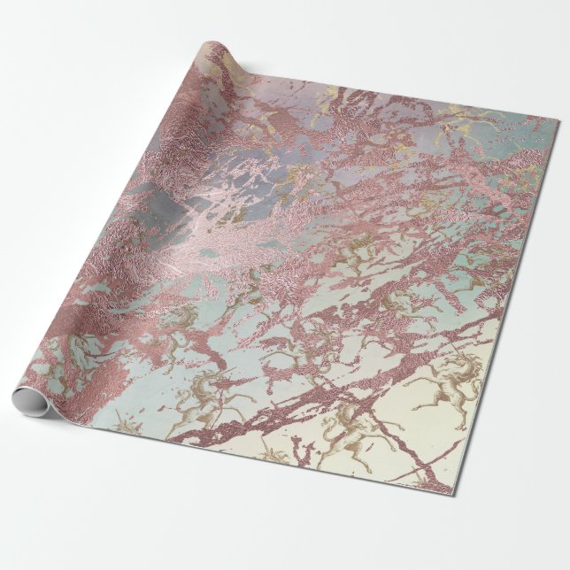  Rosa Guld Marble Shiny Fairly Aqua Unicorn Presentpapper (Utrullad)