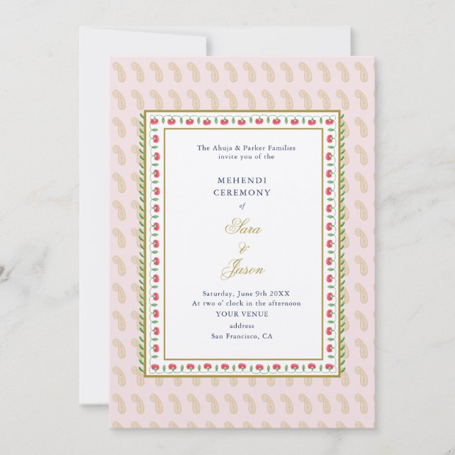Rosa & Guld Mehendi Ceremony Indian Inbjudningar (Framsida)