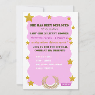 Rosa Guld Militär Flicka Bebis Kalas Inbjudan