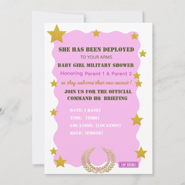 Rosa Guld Militär Flicka Bebis Kalas Inbjudan (Framsida)