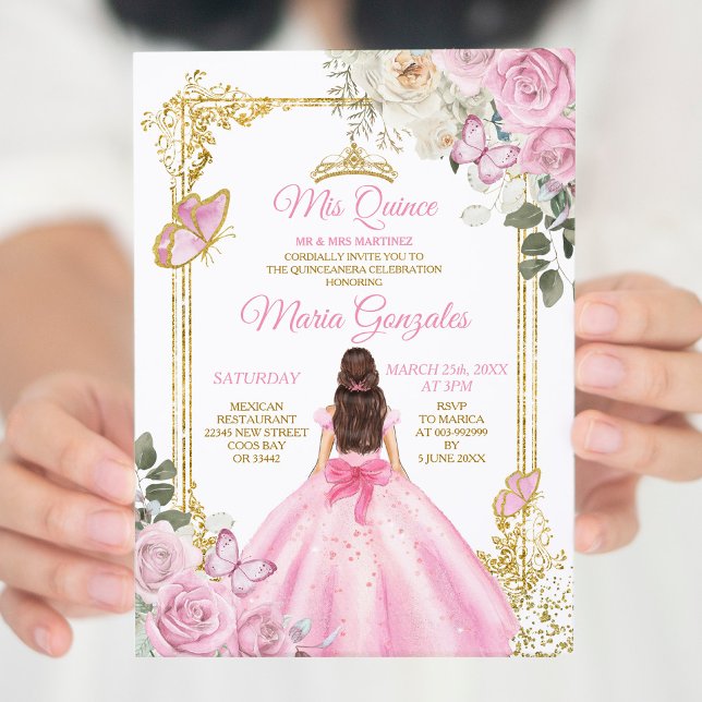 Rosa & Guld Mis Quince 15 Anos Butterfly Krona Inbjudningar (Skapare uppladdad)