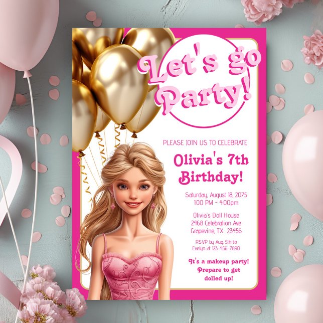 Rosa Guld Mode Doll Födelsedagsfest Inbjudningar (Cute pink fashion doll any number birthday party invitation.)