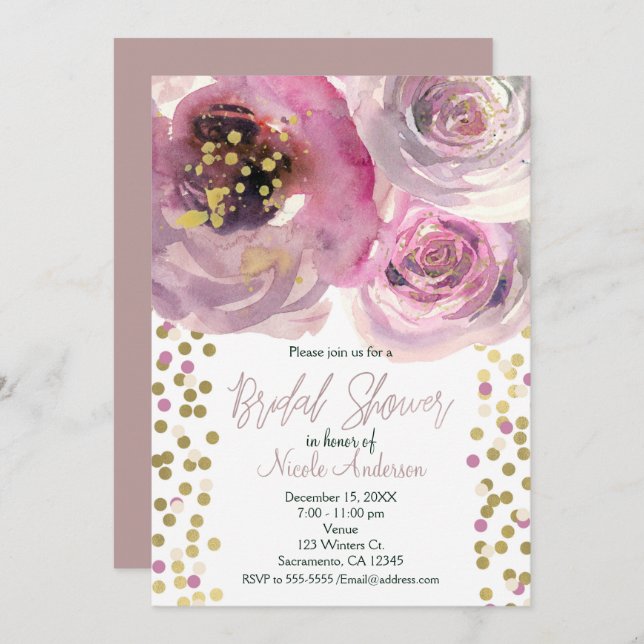 Rosa & Guld Modern Blommigt Vattenfärgad Möhippa Inbjudningar (Fram/baksida)