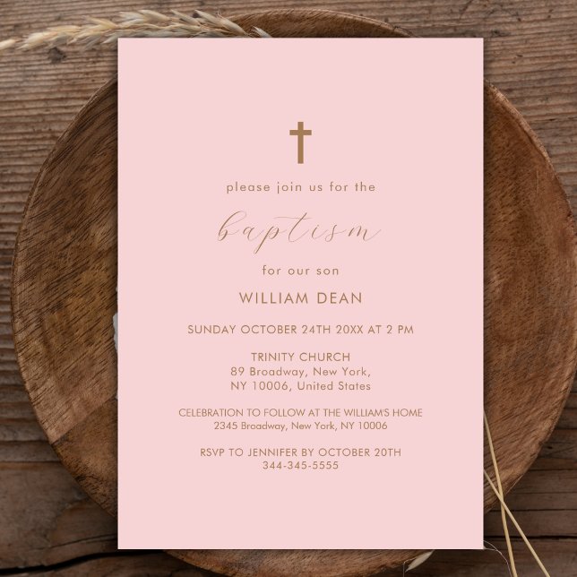 Rosa & Guld Modern Boho Kor Baptism med skript Boh Inbjudningar (Pink & Gold Modern Script Boho Cross Baptism Invitation)