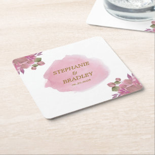 Rosa Guld Modern Elegant Blommigt Watercolor Bröll Underlägg Papper Kvadrat