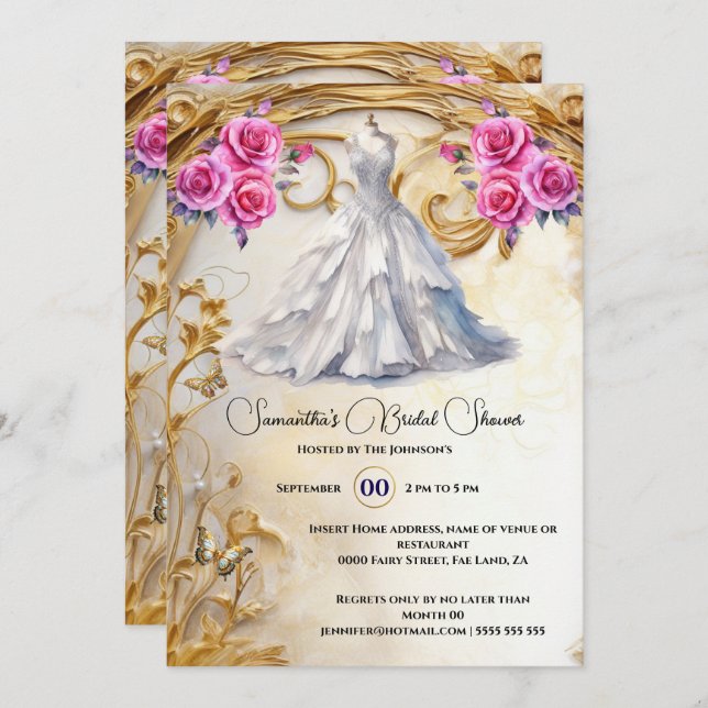 Rosa guld möhippa gown ro luxurie-blommor inbjudningar (Fram/baksida)