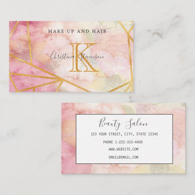 Rosa Guld Monogram Blommigt Makeup Artist Hair Sal Visitkort (Fram/baksida)