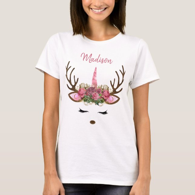 Rosa & Guld Monogram jul - Unicorn Reindeer T Shirt (Framsida)