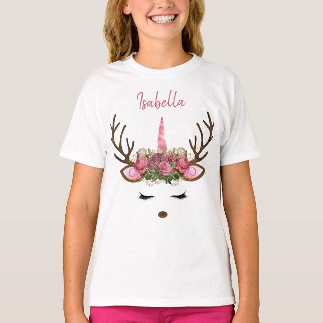 Rosa & Guld Monogram jul - Unicorn Reindeer T Shirt (Framsida)