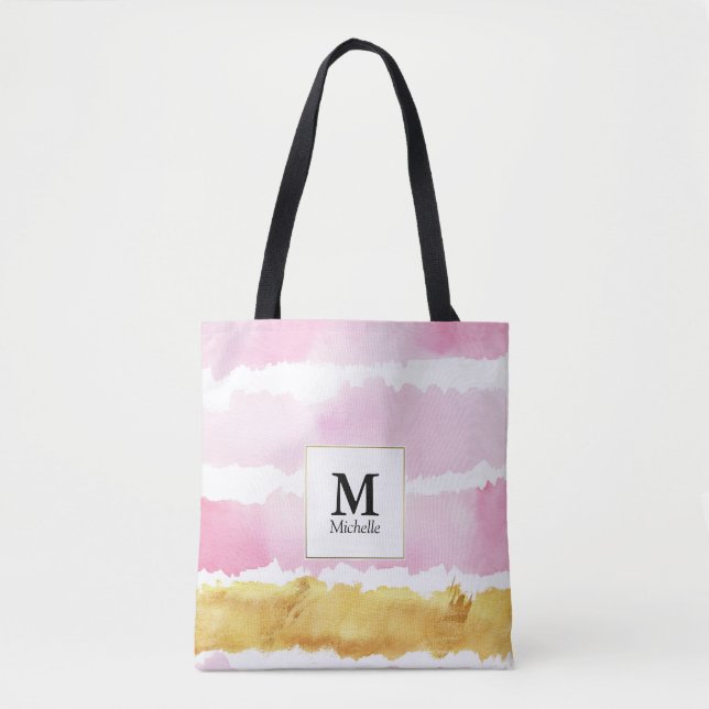 Rosa & Guld monogram med stripe Tote Bag Tygkasse (Framsida)